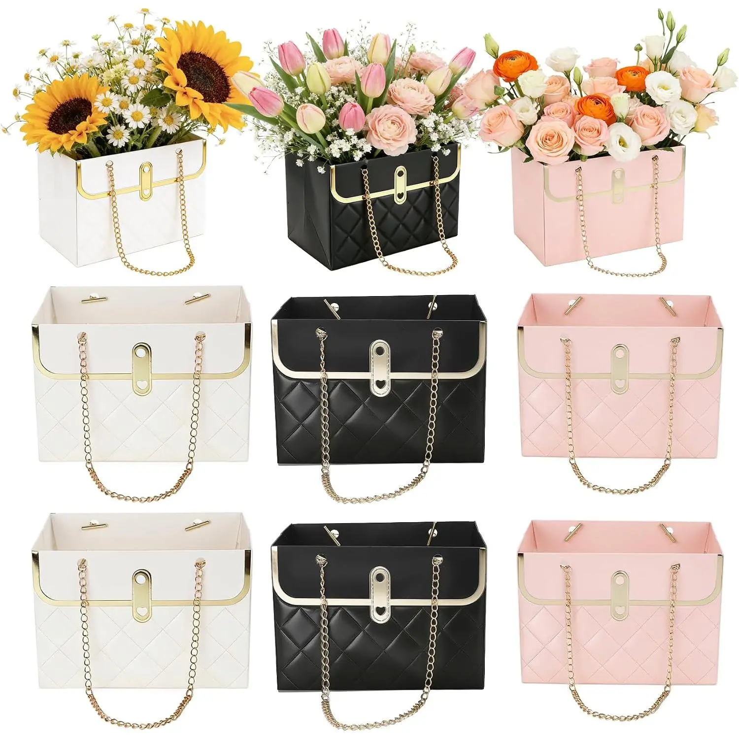 6 count Flower Paper  Box, Bouquet Storage Bucket Florist Handbag with Metal Chain Flower Bouquet Box  Wrap Bags Floral Flower Boxes for Arrangements Bridal Wedding Mother's Day Bouquet Birthday