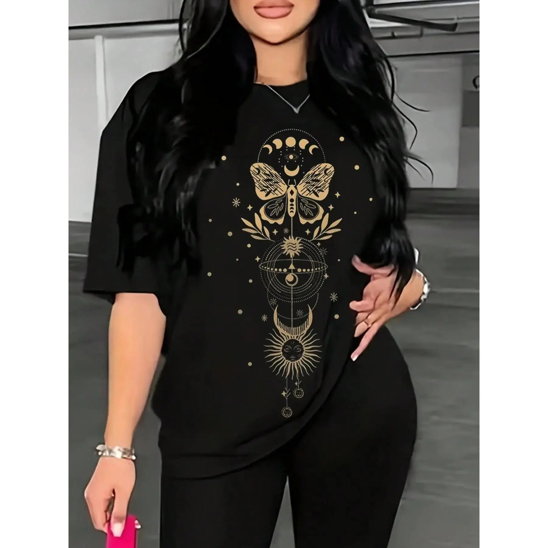 Unisex Women's Butterfly Galaxy Print Drop Shoulder Tee, Casual Half Sleeve Round Neck T-shirt for Summer, Vintage Graphic Tees, Fashion Women's Top for Daily Wear, Womenswear, Casual Style Tee, Casual Comfy Top, Casual Summer Tops