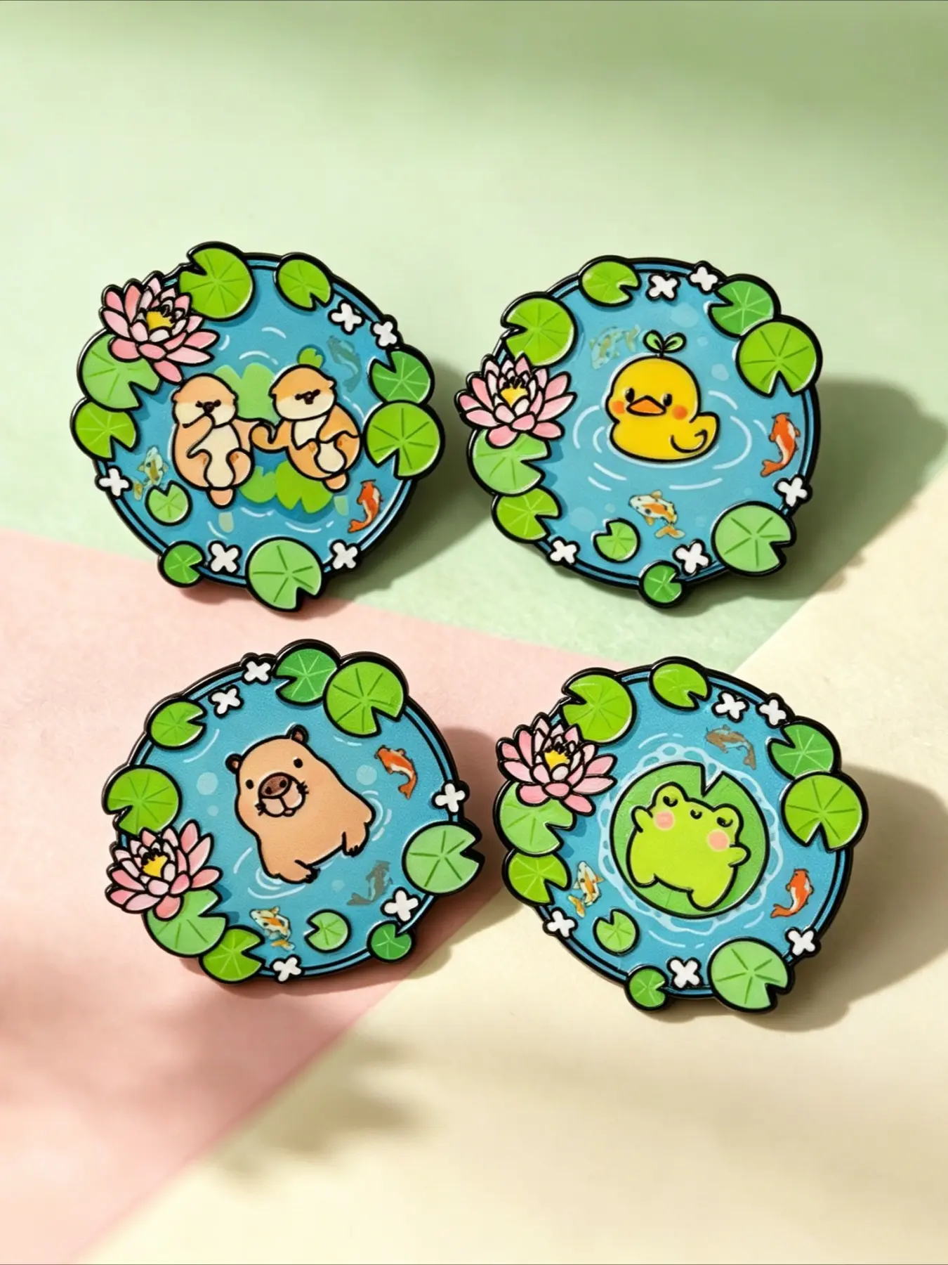 4PCS Aesthetic Lake Pond Enamel Pin Set, Otter Duck Frog Capybara with Lotus Flower & Koi Fish Lapel Brooch, Cartoon Animal Badge for Backpack Jacket Summer Lovely Gift