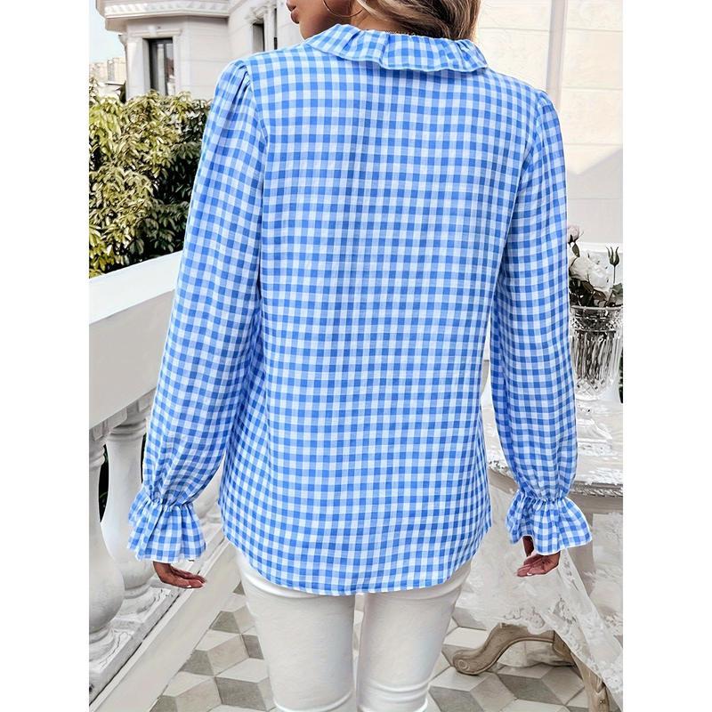 [ Gingham Shirt] Women's Stylish Long Sleeve Gingham Button-Shirt - Light Blue & White Checkered Pattern, Ruffle Detail, Professional Business Look, Machine Washable Cute Fabric