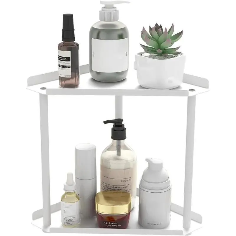 3-Tier Corner Bathroom Counter Organizer, White Metal Vanity Shelf with Raised Rails & Non-Slip Feet for Skincare, Makeup, Perfume & Kitchen Storage