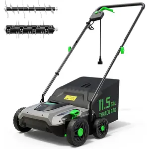 14-Inch 13.5 Amp 2-in-1 Electric Dethatcher and Scarifier with 11.5-Gallon Collection Bag, Lawn Dethatcher with 5-Position Depth Adjustment,   Without Tool - Green