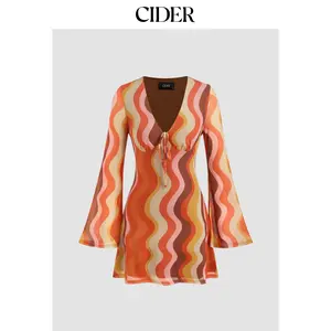 Womenswear Casual Mesh V-neck Abstract Pattern Knotted Mini Dress, 2 Colors, Size 0-10 Dealsforyou