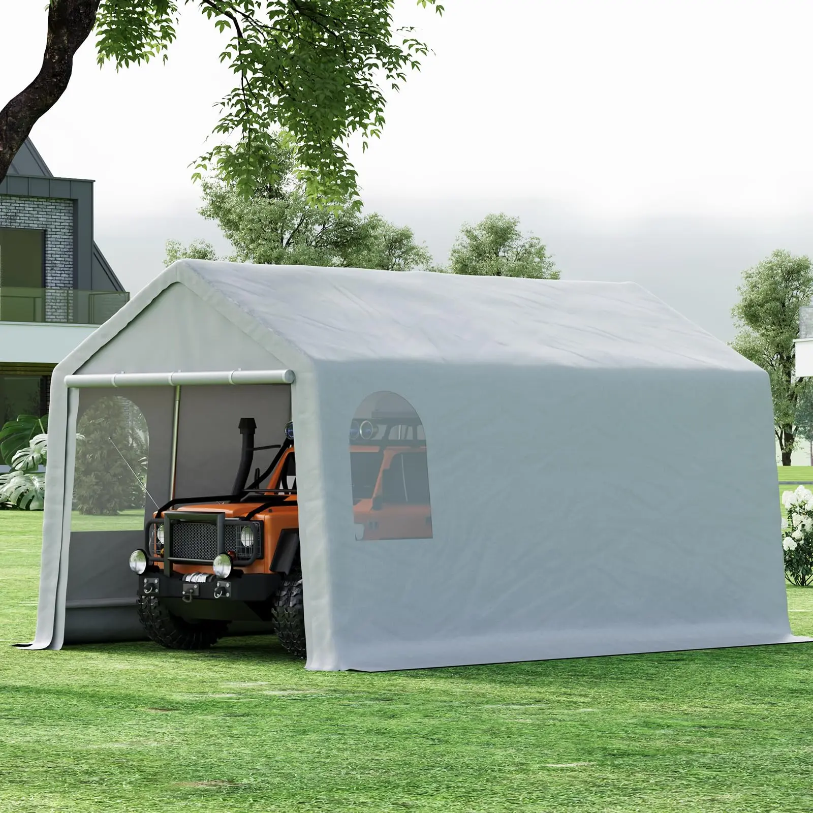 Garvee 10x20 ft Portable Carport Shelter with Removable Sidewalls & Doors, Heavy Duty Waterproof Garage Canopy for Motorcycles, Bikes, Garden Tools & Outdoor Storage, Gray