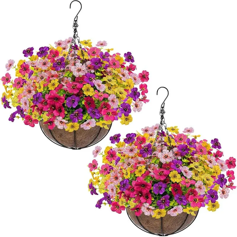 2 Sets Hanging Baskets with 24 Pcs Multicolor Flowers - Fade Resistant UV-Protected Artificial Silk Blooms for Summer to Fall Porch, Patio, Garden & Home Decor, No Watering, All-Weather