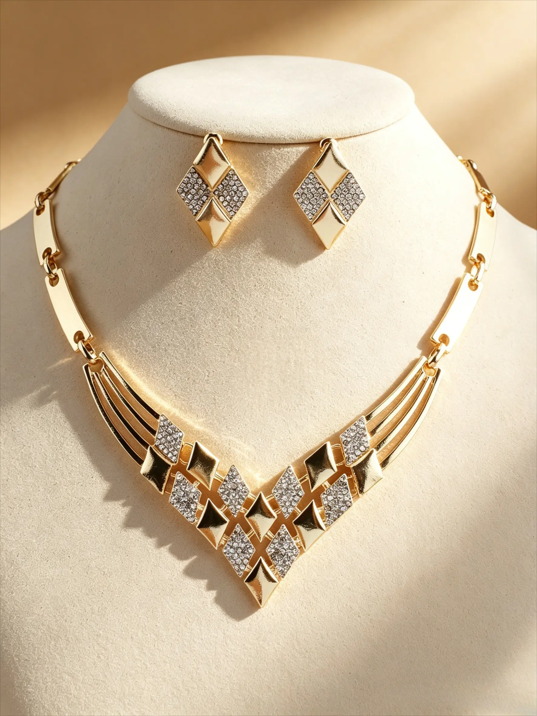 3pcs Two Tone Geometric Square Cubic Zirconia Bib Necklace Matching Square Stud Earring Jewelry Set Hollow Curve Collar Statement Accessory For Wedding Banquet Office Travel Bridal Photoshoot Birthday Anniversary Holiday Gift For Women