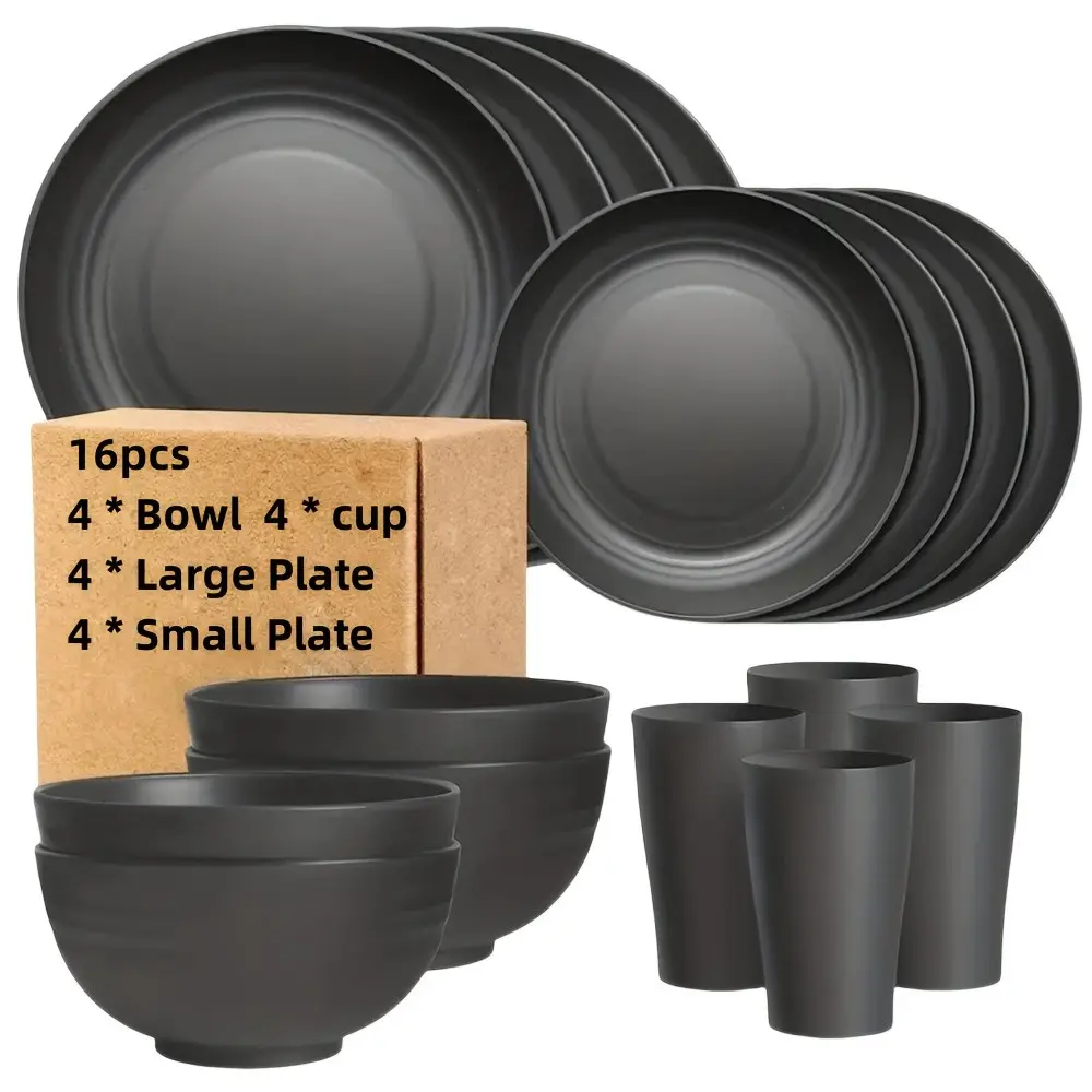 16-Piece Wheat Straw Durable Cutlery Set, Includes Wheat Straw Plates, Bowls, Cups, Saucers, Eco-Friendly Tableware, Reusable Dinnerware