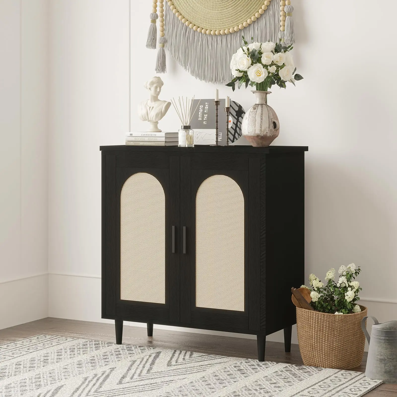 35.2" Farmhouse Rattan Buffet Cabinet, 2-Piece Compact Sideboard with Single Door & Adjustable Shelves, Ideal for Entryway, Dining Room and Kitchen