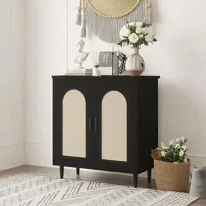 35.2" Farmhouse Rattan Buffet Cabinet, 2-Piece Compact Sideboard with Single Door & Adjustable Shelves, Ideal for Entryway, Dining Room and Kitchen