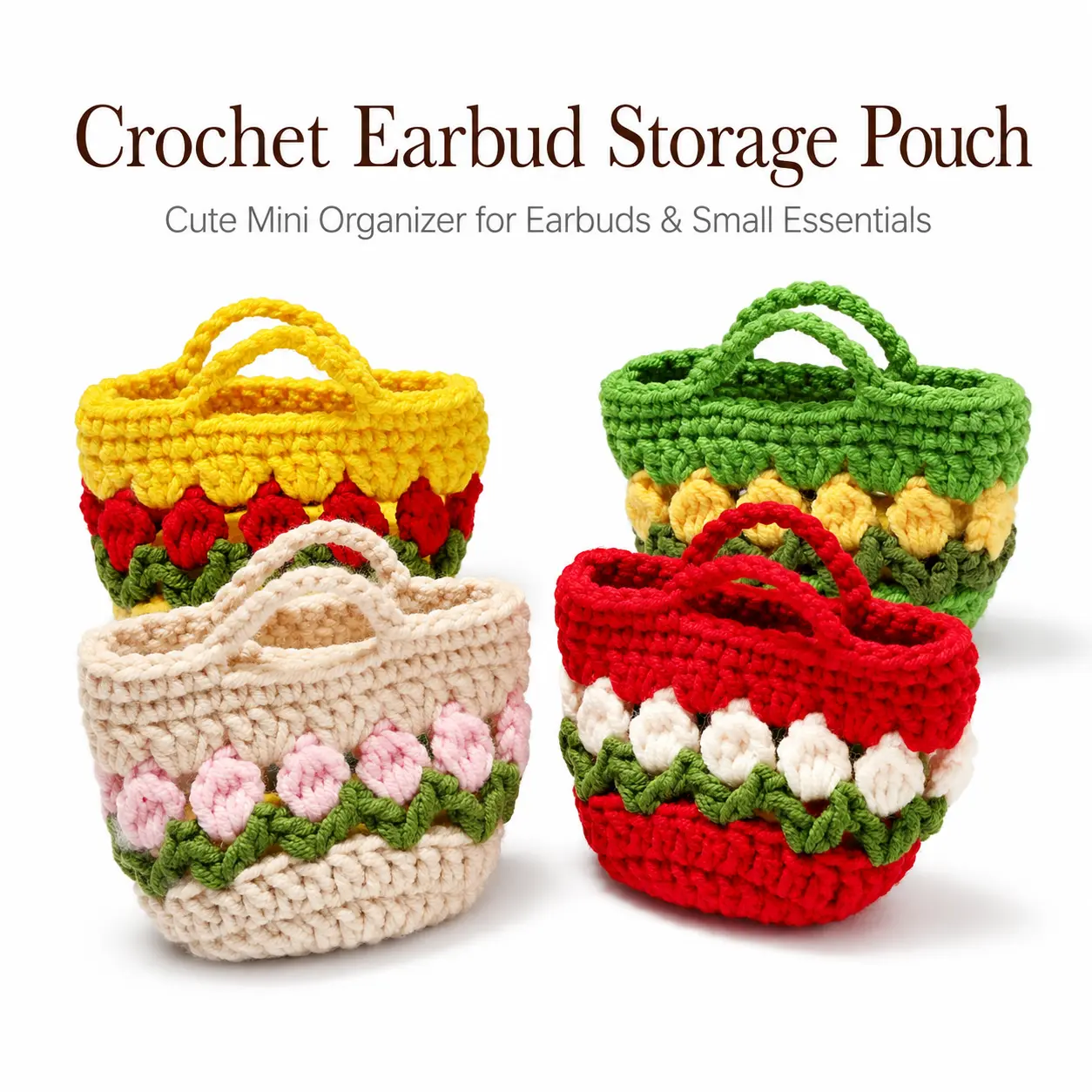 Handmade Crochet Flower Motif Mini Earphone Storage Pouch - Knit Pattern Portable Carrying Bag with Handle, Soft Yarn Protector for Wireless Earbuds, Small Coin Lipstick Organizer, Cute Aesthetic Accessory for Daily Travel & Gifting
