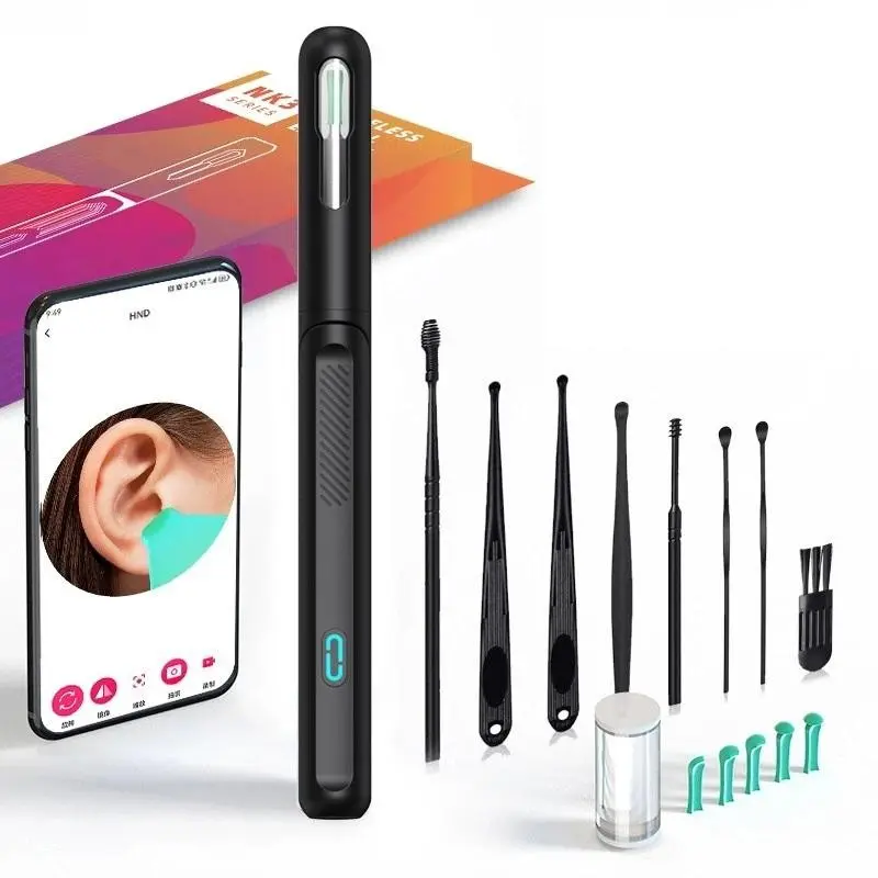 Wireless HD ear wax removal camera with soft silicone tips, rechargeable and portable — see clearly and clean gently, no more blind picking, with multiple replacement heads for the whole family.