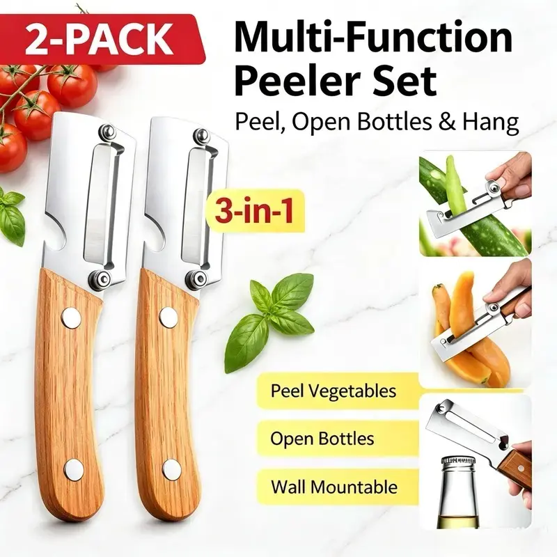 2pcs Stainless Steel Vegetable Fruit Peeler Set with Wooden Handle - Kitchen Utensils, Ultra-Sharp Thick Rustproof Blade, Built-in Bottle Opener, Carrot Peeler, Stainless Steel Cutter for Potatoes, Apples, Pumpkins