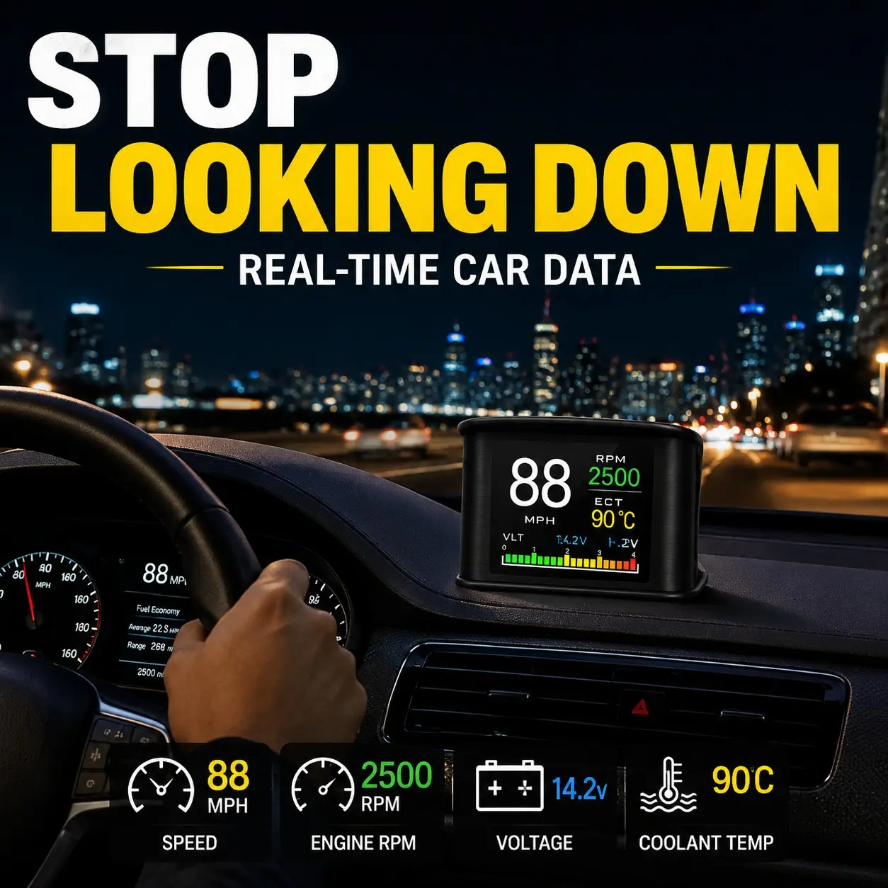 OBD2 Smart Digital Dashboard, Real-Time Car Data Display, Digital Speedometer, RPM Gauge, Vehicle Monitor with Over Speed Alarm, Plug & Play Car Accessory