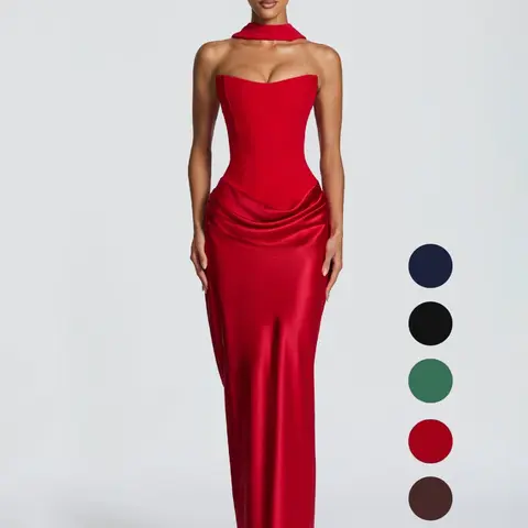 Pure Color Waist Cinched Sexy Halter Backless Long Dress, Satin Material Tie Belt Ribbon Design, Elegant Party Gown Formal Wear