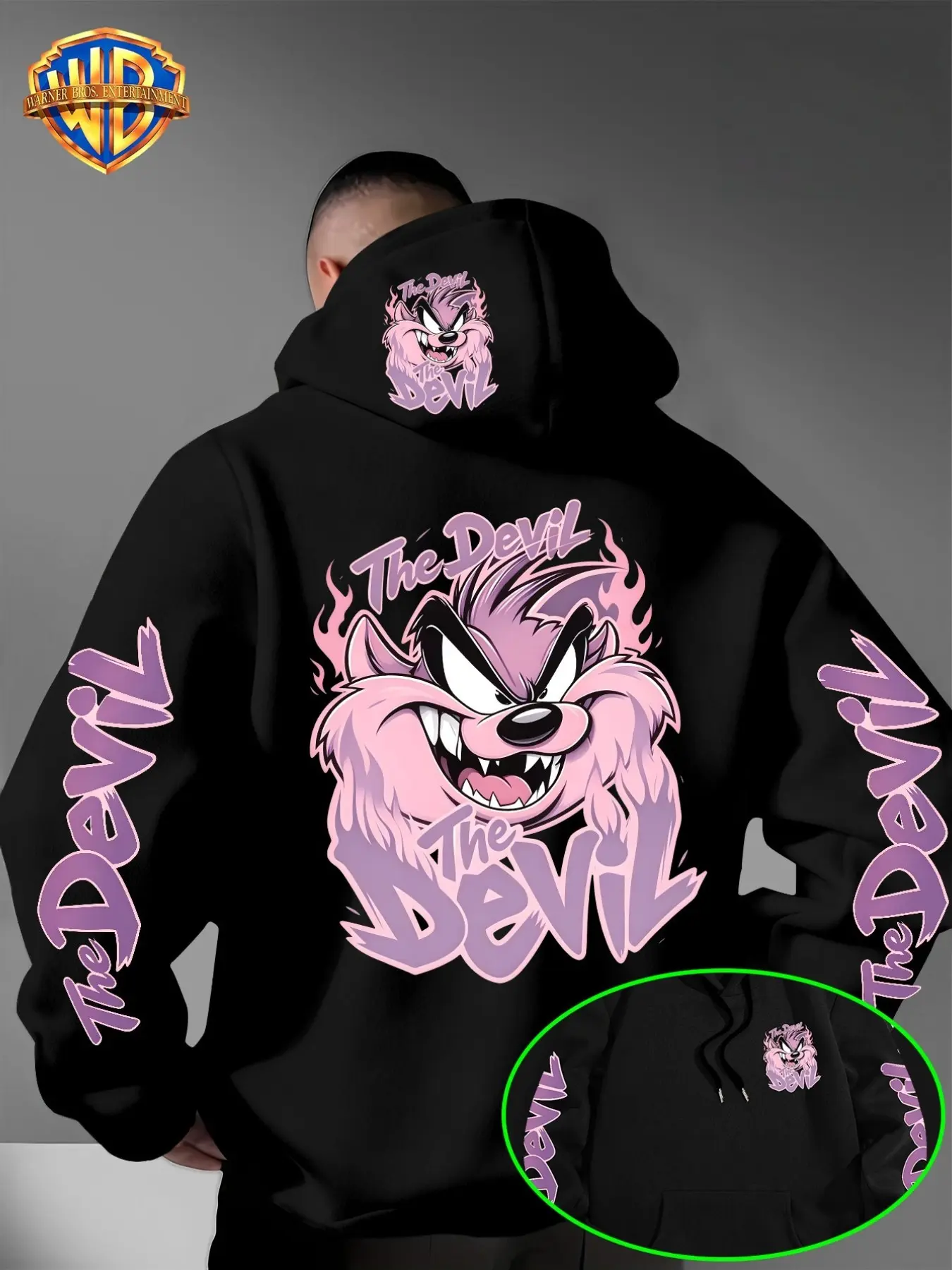 Warner Bros Men's Flame Grinch Hoodie, Looney Tunes Tasmania Devil Pattern, Casual Y2K Streetwear, Loose-Fit Pullover