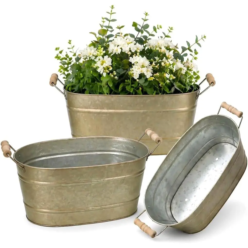 3 Pack 15 Inch Oval Planters with Handles, Antique Brass Galvanized Finish | Large Rustic Metal Flower Buckets with Drainage Holes and Plugs for Outdoor ,  Decor and  Display