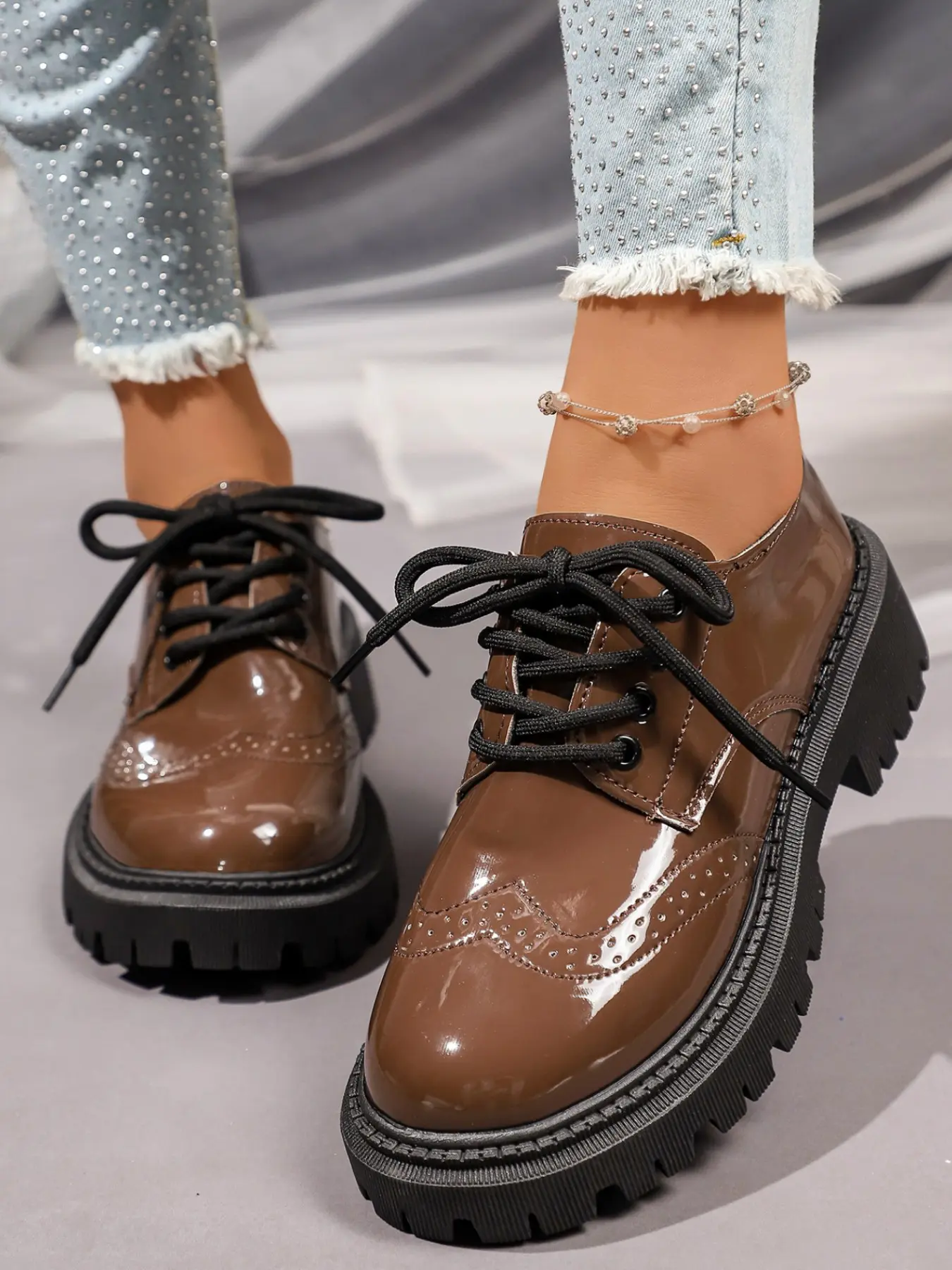 New Season Large Size British Style Women's Brogue Oxford Shoes, Retro Glossy Leather, Thick Sole, Anti-Slip, Lightweight, Durable
