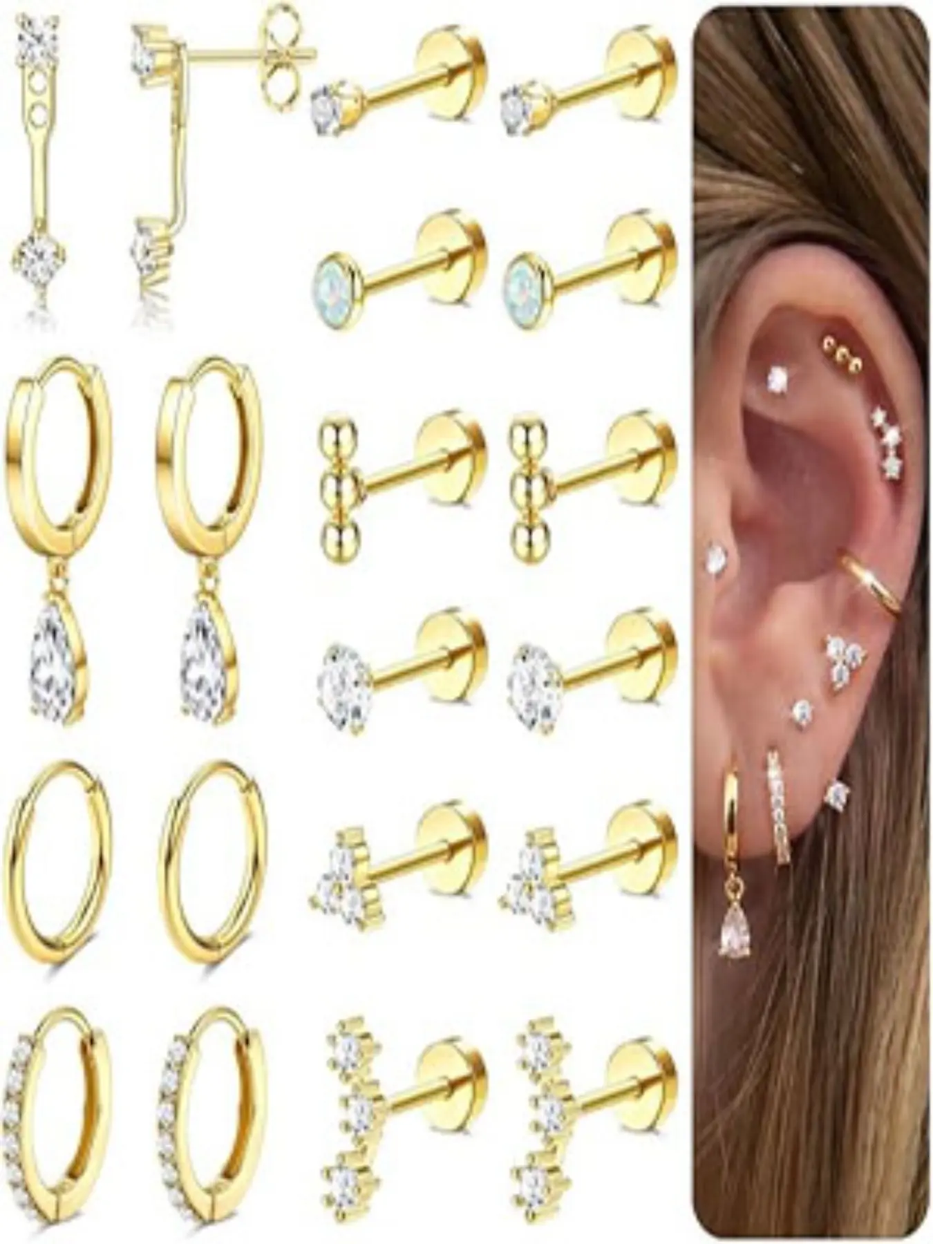20-Piece Assorted Piercing Earrings Set, Zircon-Studded Hoops + Teardrop Dangle Studs, Hypoallergenic Tragus Pins for Women, Body Jewelry, Ear Piercings