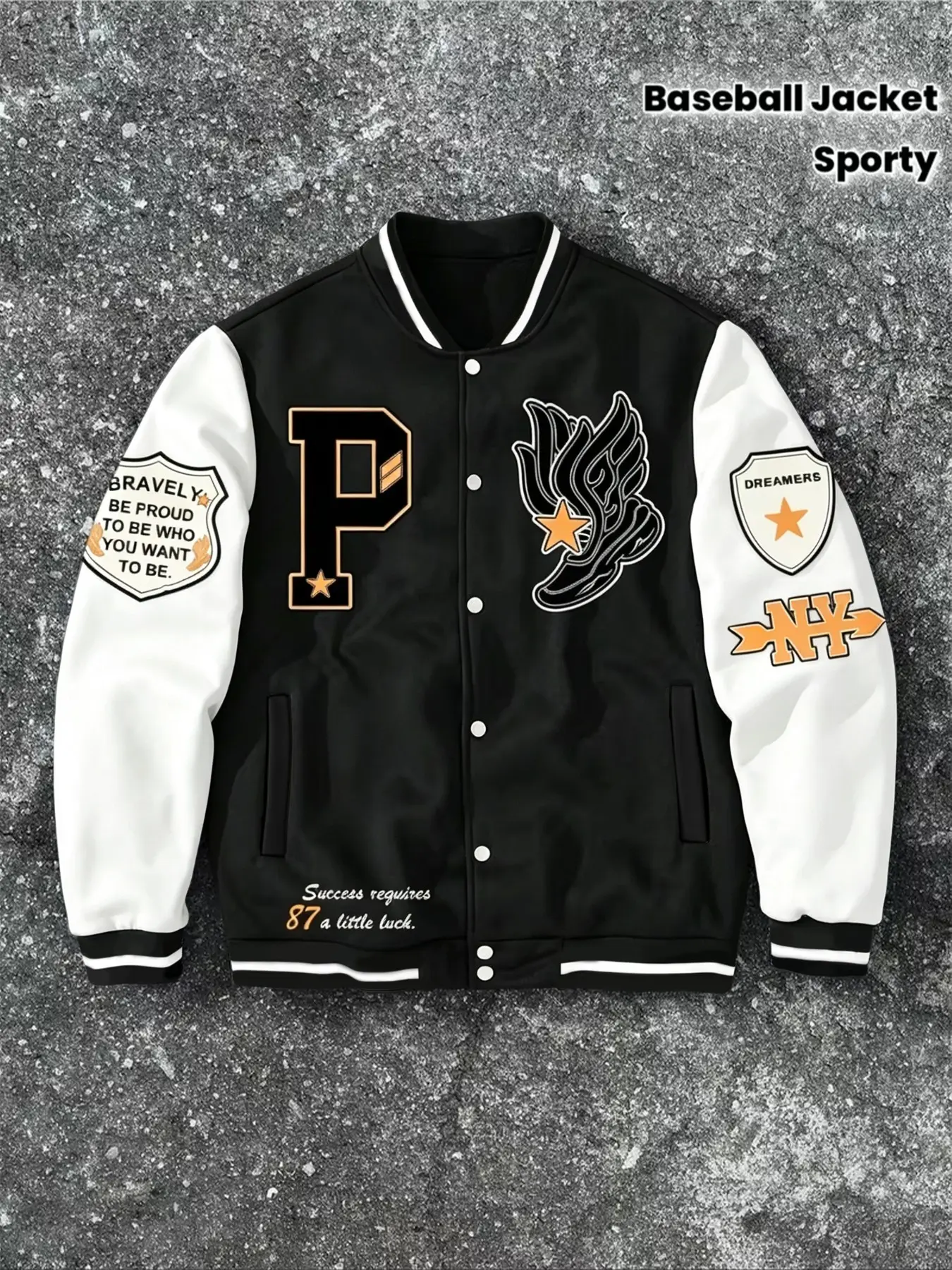 American Vintage Patchwork Sleeve Baseball Jacket, P Letter Flame Ny Shield Badge Print, Loose Fit Men's Street Outerwear, Fall & Winter