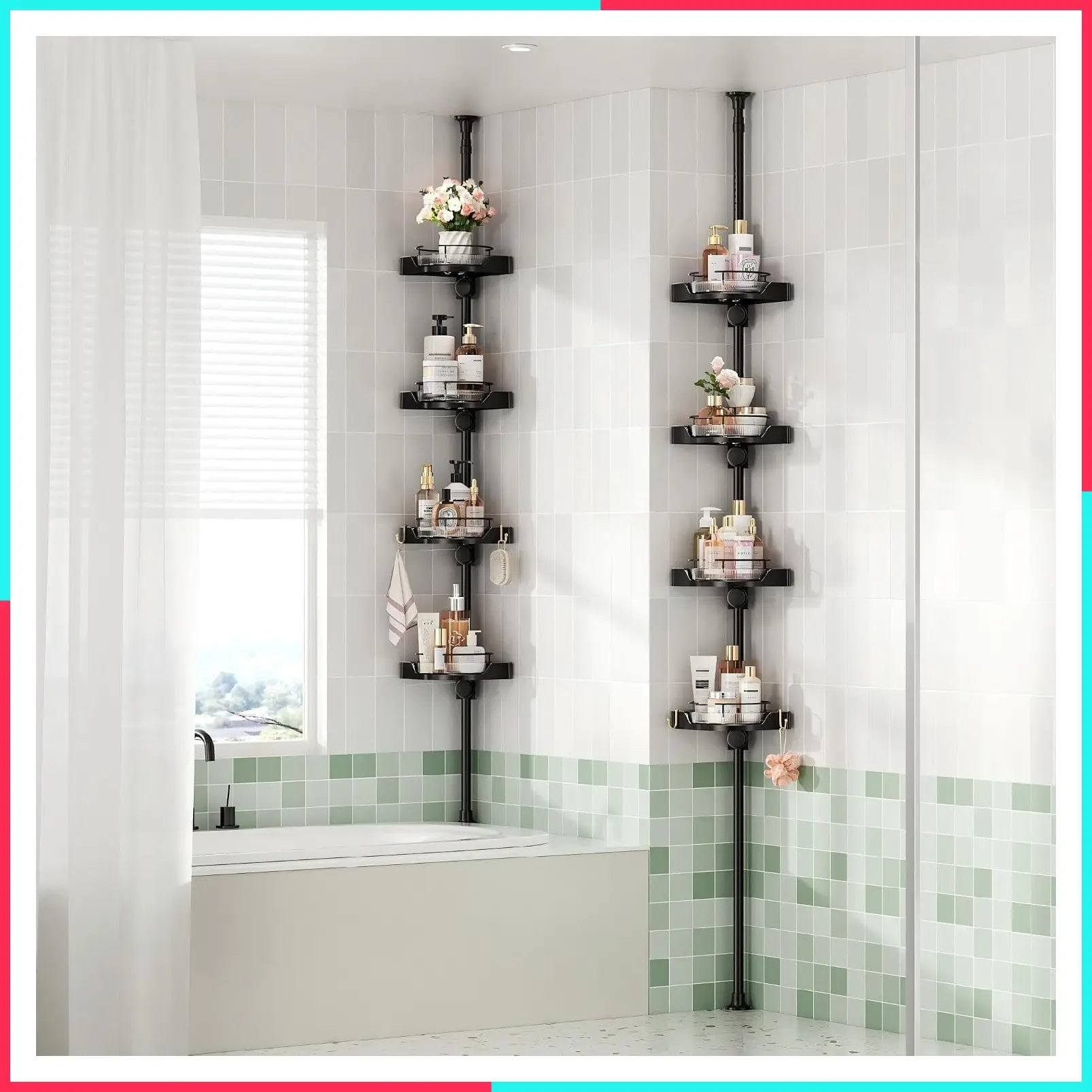 360° Rotating Shower Caddy Tension Pole, 4-Tier Corner Shower Organizer for Bathroom, Adjustable Standing Shower Rack, Easy Assembly, 34-124 Inch Height, Black