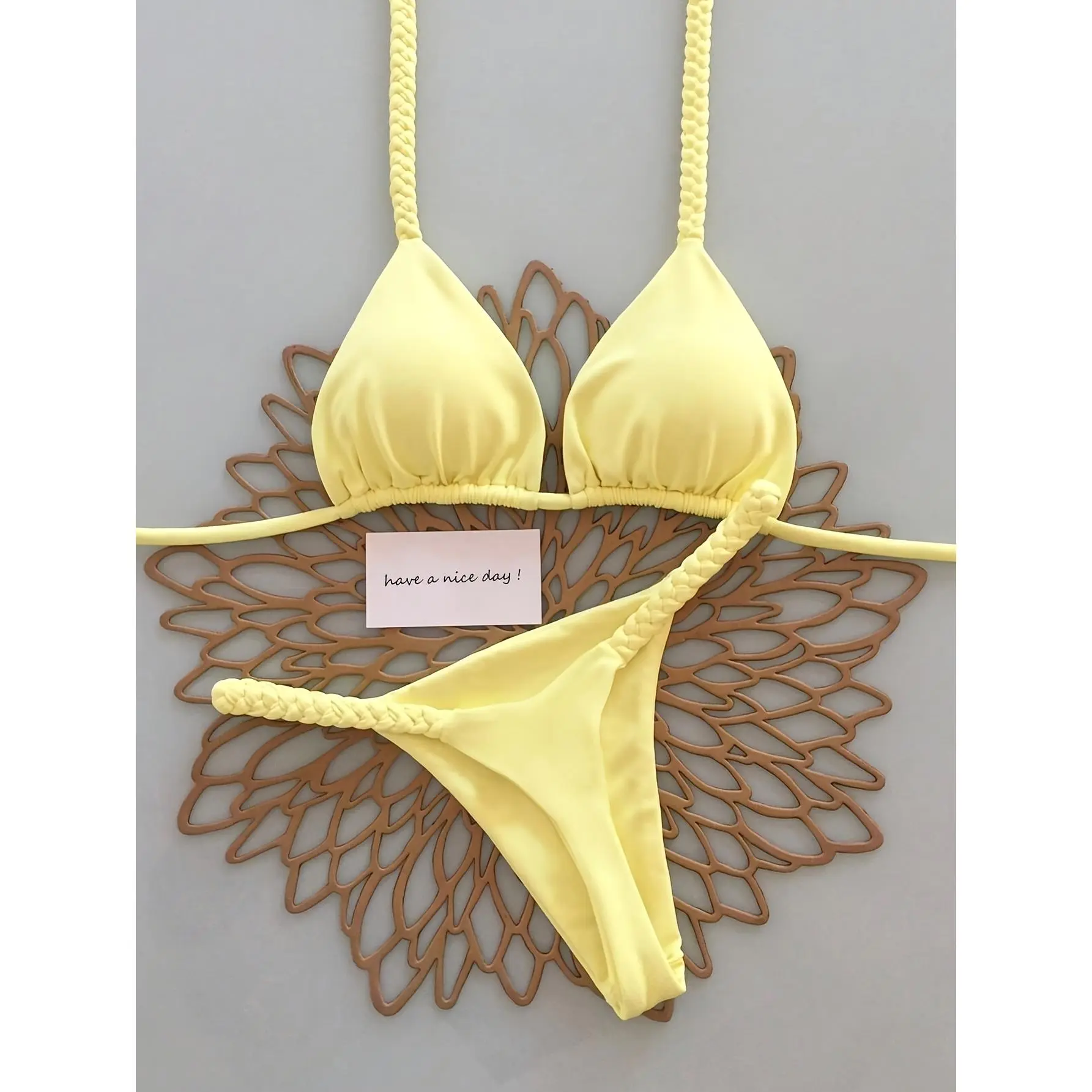 Women'S French Style Lemon Yellow Mature-Style Bikini Set - Braided Halter Design & Triangle Bottom Beach Photo-Ready Elegant Swimwear