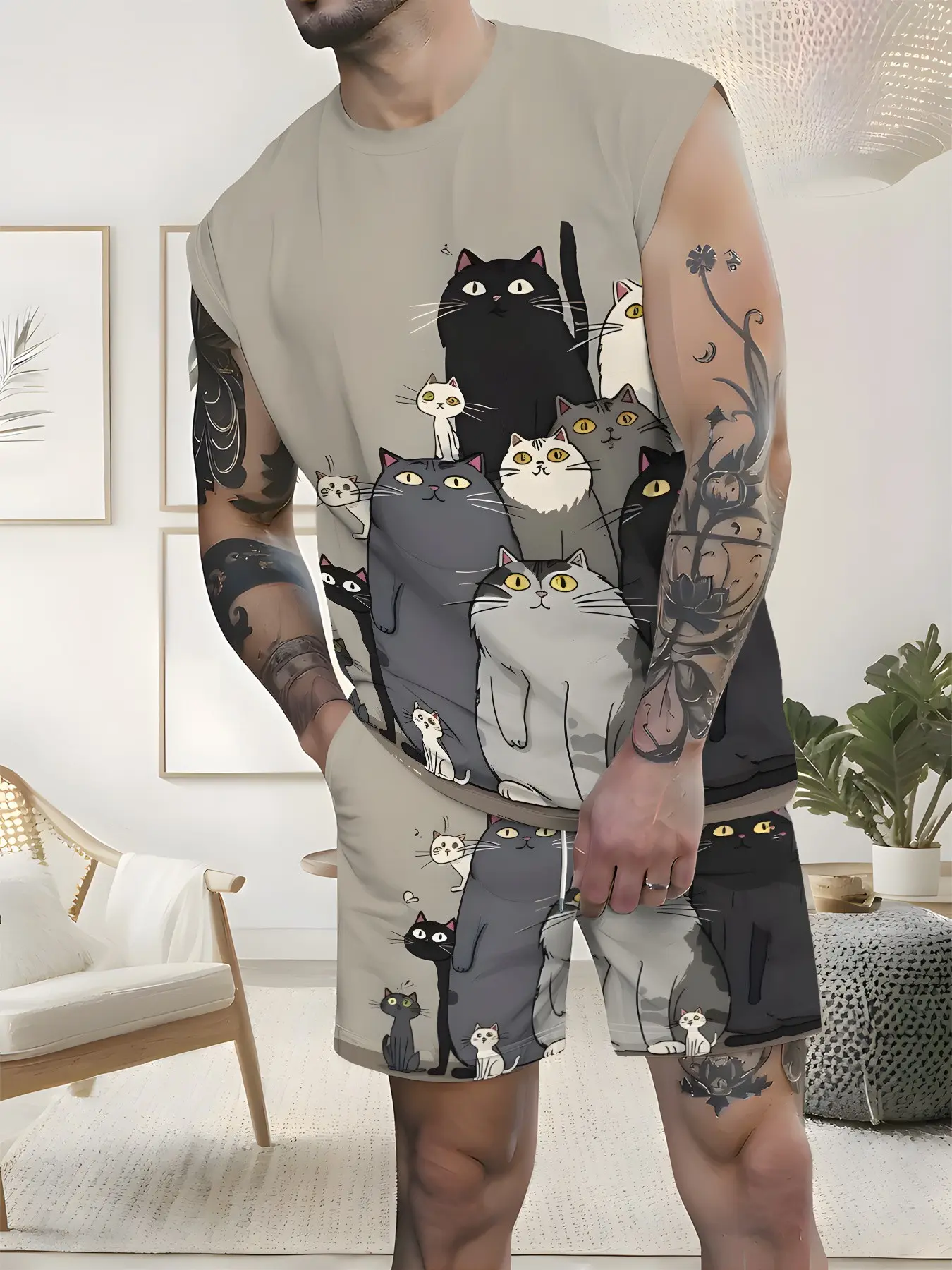 Men's Sleeveless Graphic Tee and Shorts Set, Summer Casual Slim-Fit Two-Piece, Medium Length Above Knee Shorts, H-Type Silhouette
