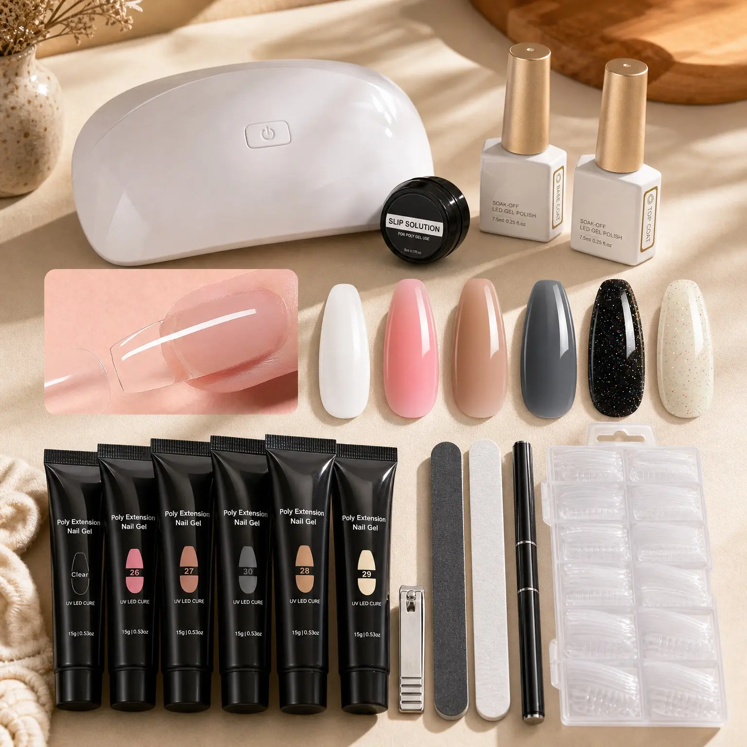 Poly Gel Nail Kit with UV Light Starter Kit, 6 Colors Nude Pink Black Builder Gel Extension for Beginners, Complete Nail Art DIY Set at Home
