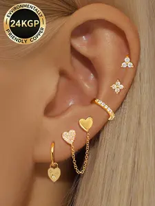 5Pcs Lovely 24K Gold Plated Cubic Zirconia Hoop Earrings Set For Women Flower Chain Stud Earrings Pack Heart Drop Dangle Earrings Stack