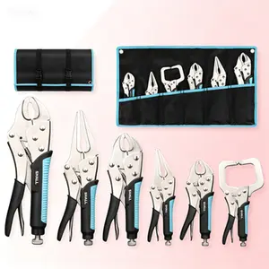 Professional Locking Pliers Set, 6-Piece Vice Grips with Curved Jaw, Long Nose & C-Clamp, 5", 7", 10" Curved Jaw, 6-1/2" & 9-1/2 Long Nose, 6" Locking C-Clamp, Two-Color TPR Handle, Roll Up Pouch Included, Heavy Duty Clamping Tools for Grip