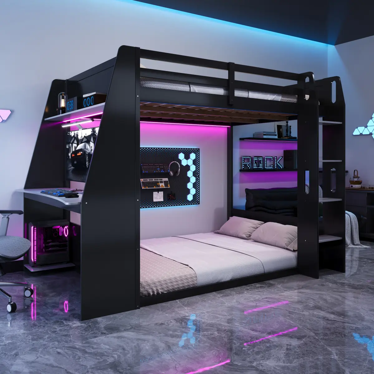 Full Size Wooden Gaming Bunk Bed with Desk, Two Storage Shelves, USB and LED Light, Black+Grey