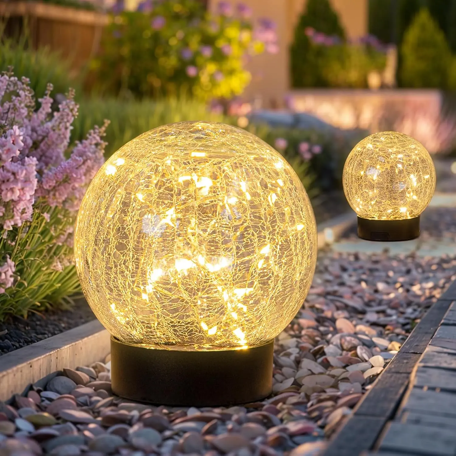 Solar Globe Lights Outdoor Large Garden Decor USB Charged 4.72" Diameter 40LED 1000mAh Solar Lights Cracked Glass Globe Solar Power Yard Patio Garden (4.72'' Large 2 Pack Warm White)Gift