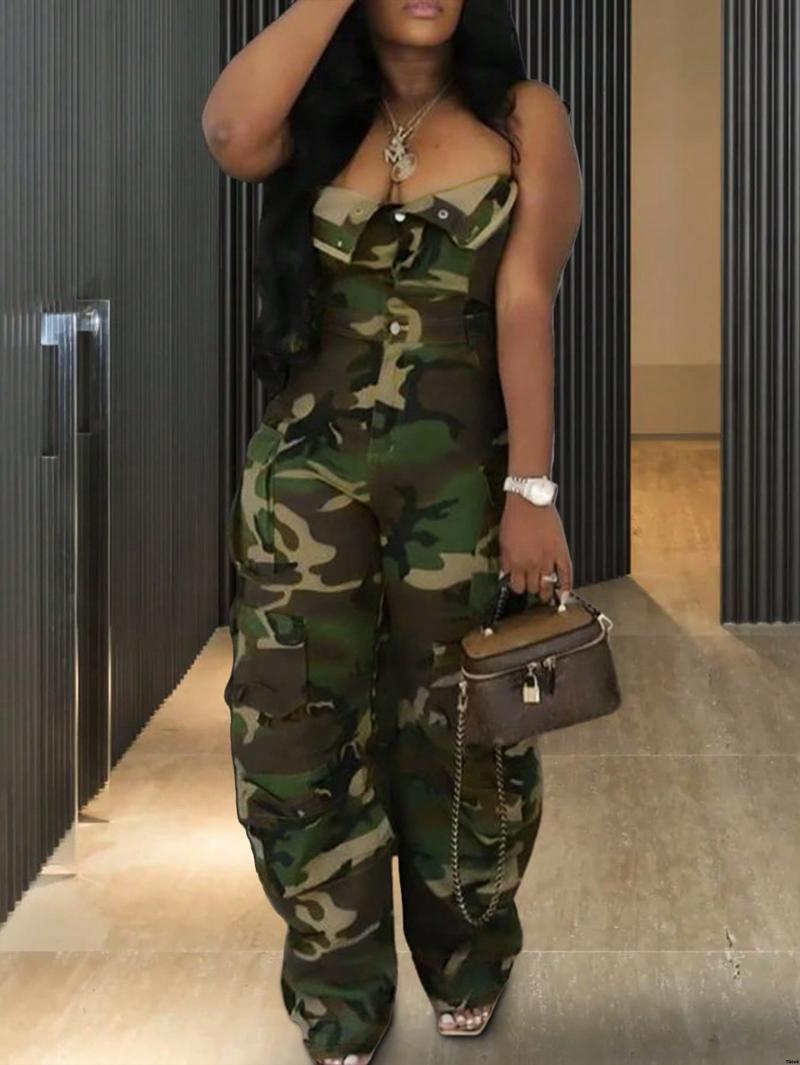 Pockets Jumpsuit Print Camo Plus Size Utility With