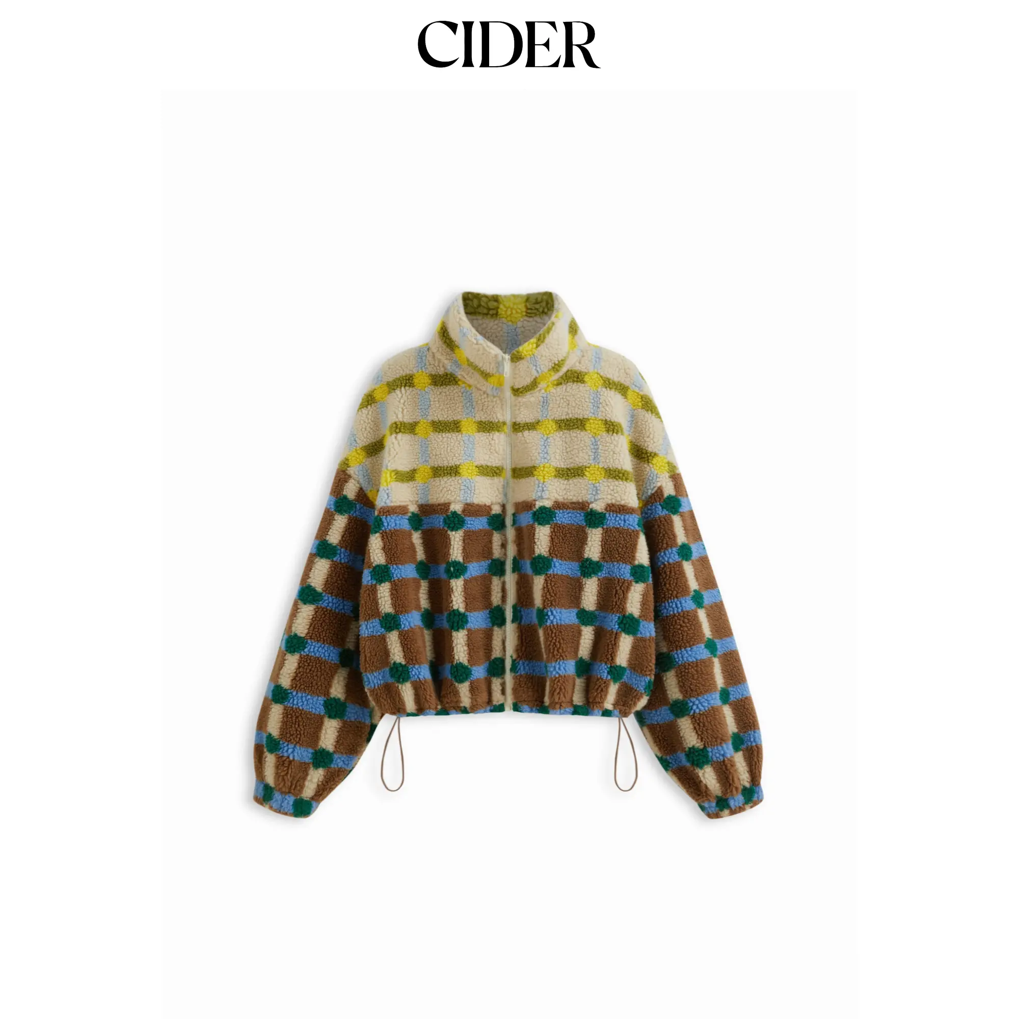 Cider Fleece High Neck Two Tone Checks Drawstring Oversized Jacket SohoChic