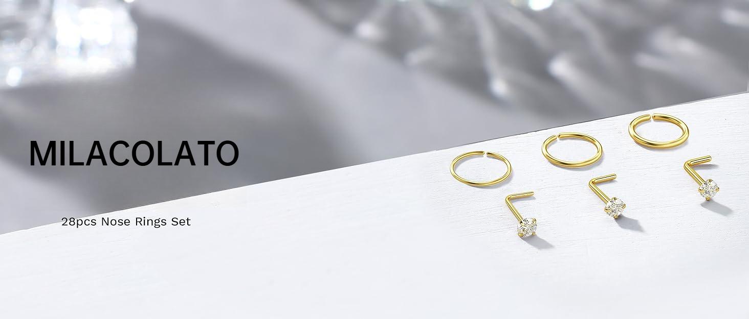 MILACOLATO 28PCS Hypoallergenic Nose Rings Hoops Studs - 316L Stainless Steel Nose Ring for Women Men - L Shaped CZ Nose Stud Hoop Nostril Piercings Jewelry Set 18G 20G 22G Silver Rose Gold Black Rainbow