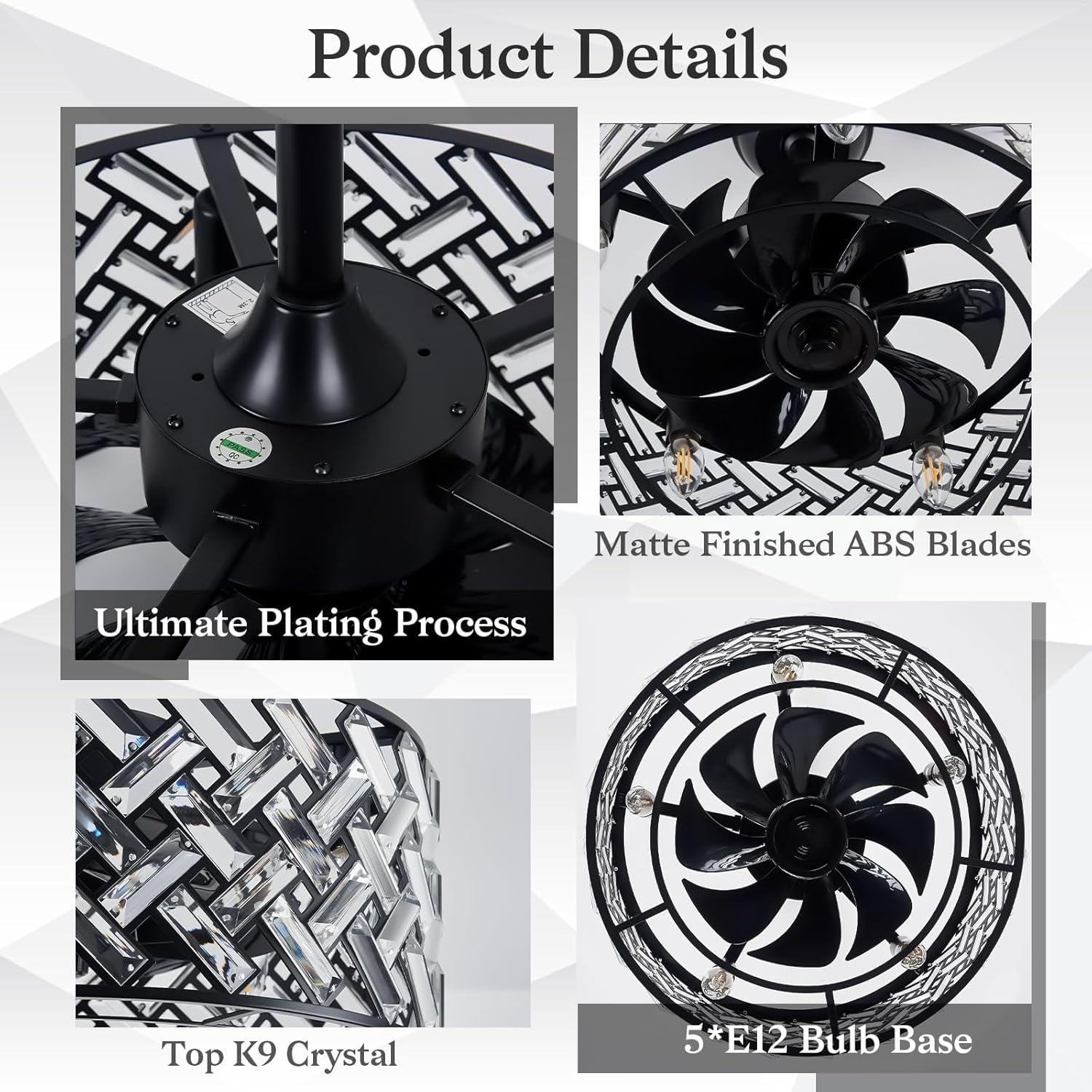 18'' Crystal Cage Ceiling Fan With Remote Control ,Quiet  Motor Fan Light ,, Indoor Crystal Chandelier Ceiling Fan For Bedroom, Living room, Dinning Room, Kids Room--Matte Black (bulbs not included.)