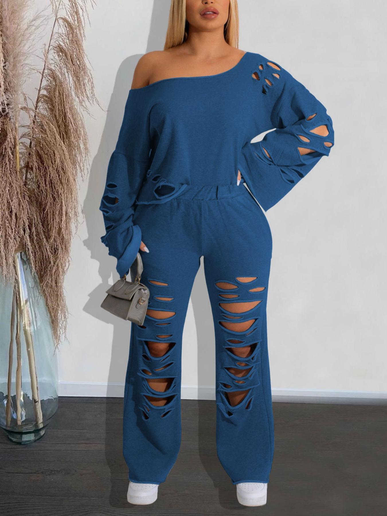 Women's Ripped Asymmetrical Neck Jersey Pullover & Wide Leg Pants Set, Solid Drop Shoulder Top & Ripped Trousers Set, Fashion Cozy Outfits for Daily Wear, Co-ord Sets for Women, Sweatsuit Set Outfit, Clothes