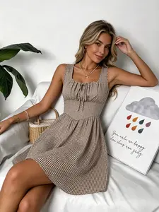Women's Elegant Plaid Dress, Sleeveless Knee-Length A-Line Dress, Checkered Square Neck, Summer Casual Office Wear