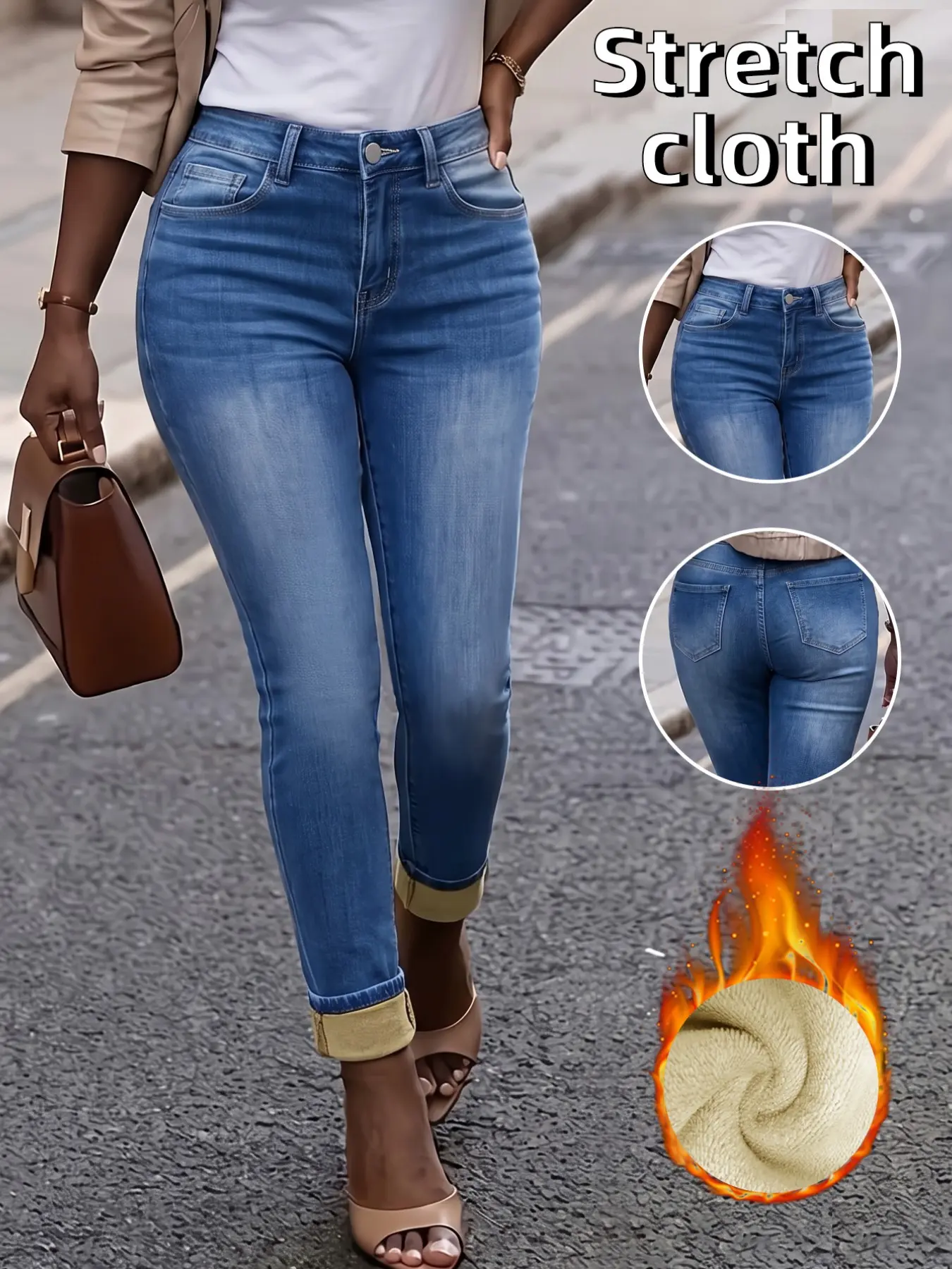 Women's Mid Rise Stretch Fleece Lined Denim Jeans, Medium Blue Wash, Rolled Cuff, Slim Fit, Casual Daily Wear, Autumn Winter