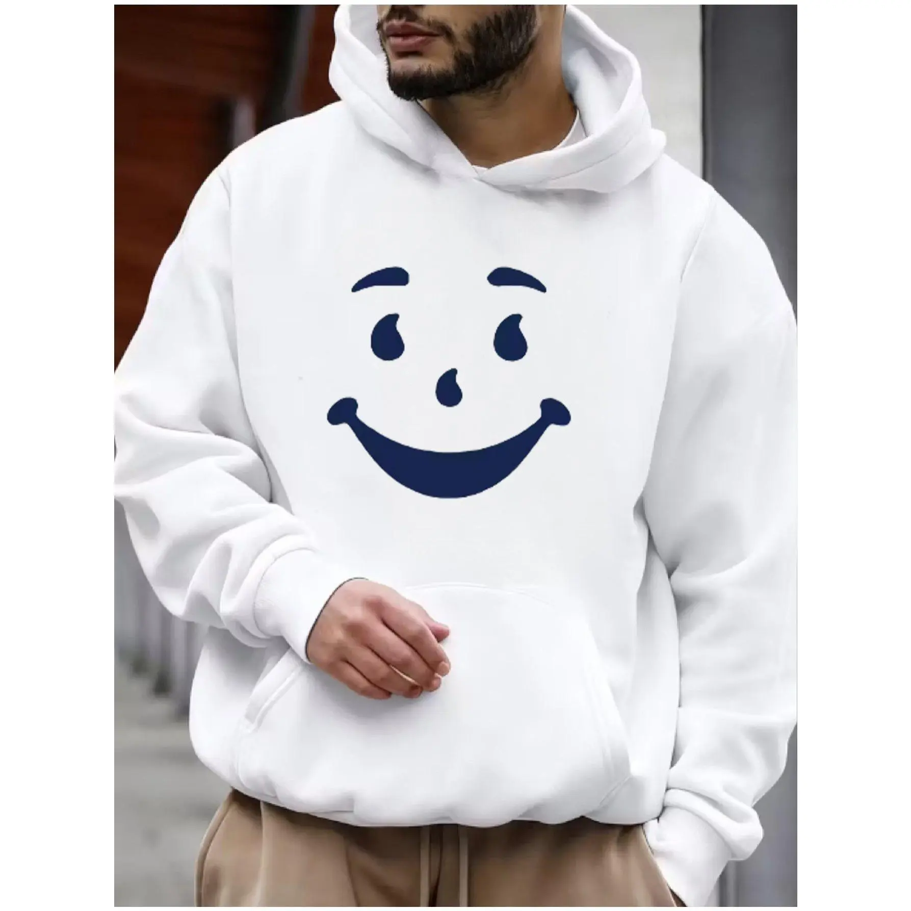 Cute Simple Smiley‑Face Chest Print Hoodie Minimal Cartoon Graphic Hooded Sweatshirt Casual Aesthetic Daily‑Wear Pullover Loose‑Fit Unisex Outerwear In Black And White