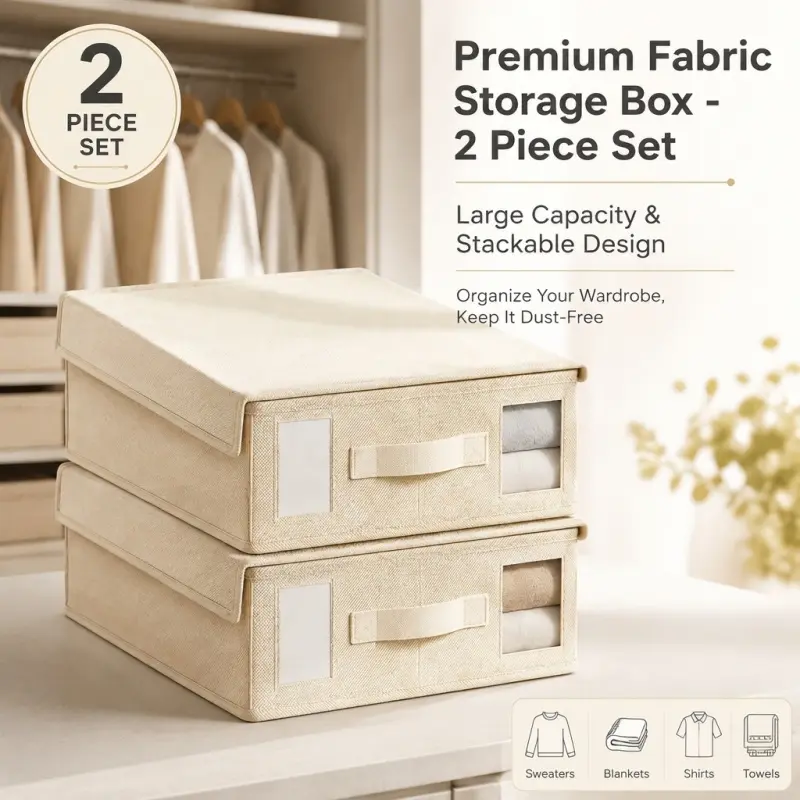 2-Piece Premium Fabric Storage Box Set - Stackable Wardrobe Organizers with Lid, Large Capacity & Dust-Free for Clothes, Blankets & Towels, Dustproof Organizer Boxes