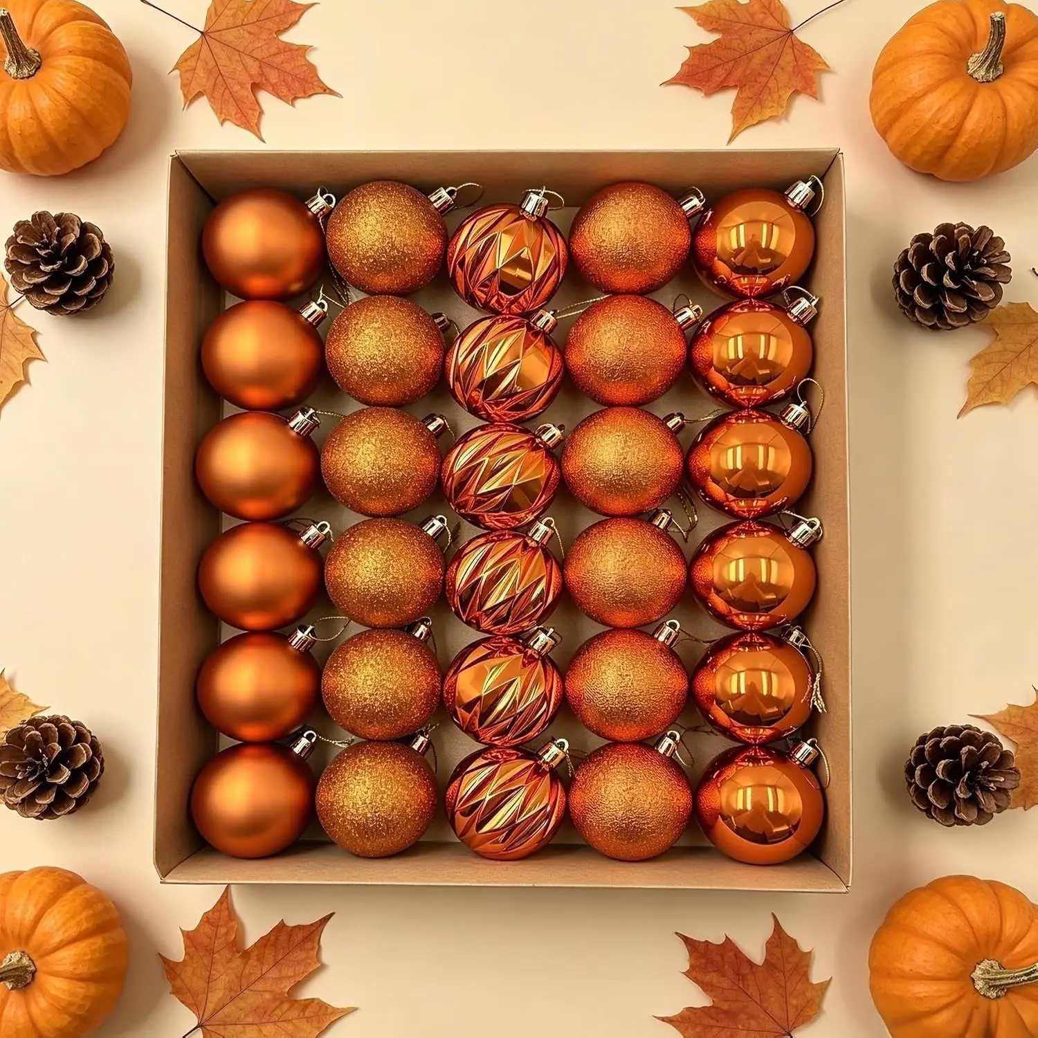 30ct 2.36 Inch Copper Ornaments Fall Thanksgiving Xmas Tree Decor | Bronze Shatterproof Baubles Multi Textures,  Ornaments For Tabletop Mini Tree,Christmas,Halloween,Autumn Party Decor