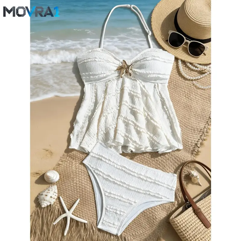 MOVRA1 [Girls Swimming Suits] 2pcs Teen And Tween Girl Fish Star Tankini Sets |     Tummy Control Ruffled Hem Bathing Suit White Beach Wear 7-16 Years Old Girls,clothes for back to school,first day of school outfits