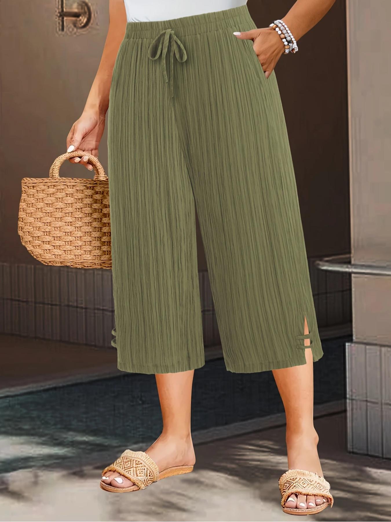 【Plus Size】 Solid Color Capri Pants, Casual Comfy Wide Leg Pants for Summer, Women's Bottoms for Daily Wear, Casual Chic Bottoms