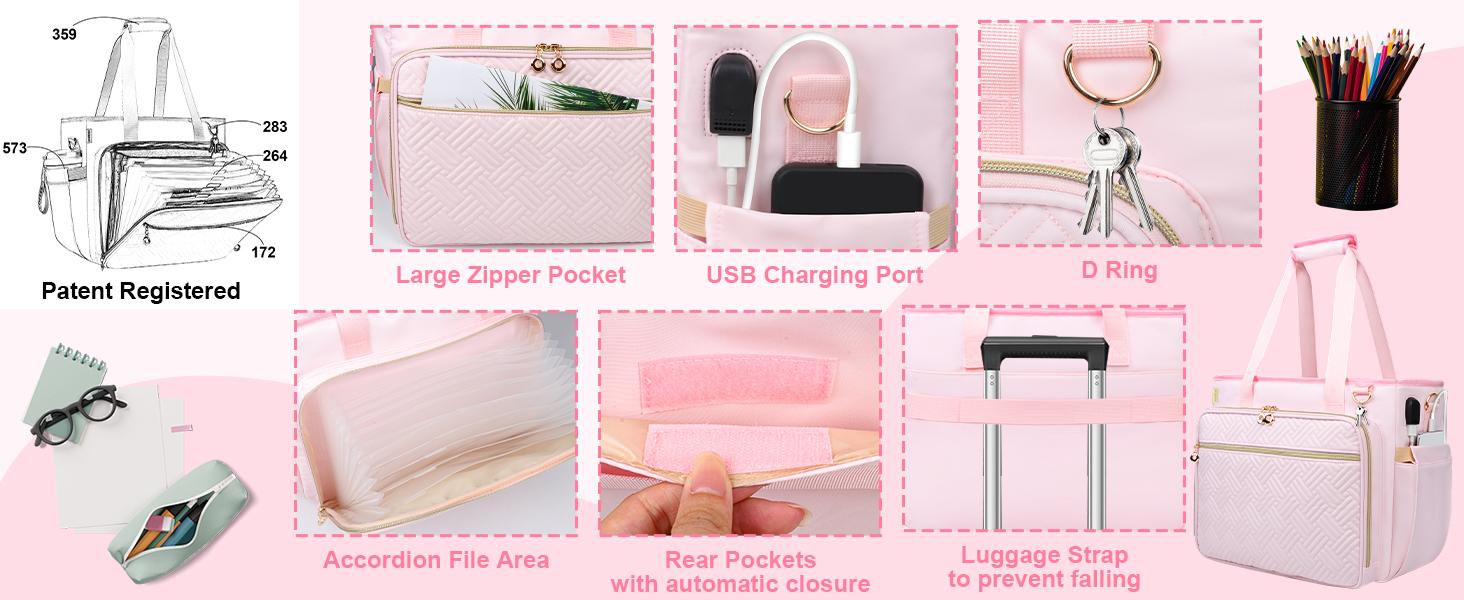 Teacher Tote Bag with Accordion File Organizer Pocket, Soft Nylon Utility Bag with 15.6 inch Laptop Compartment & USB Port, Large Work Tote Bag for Office Supplies Women (Pink)