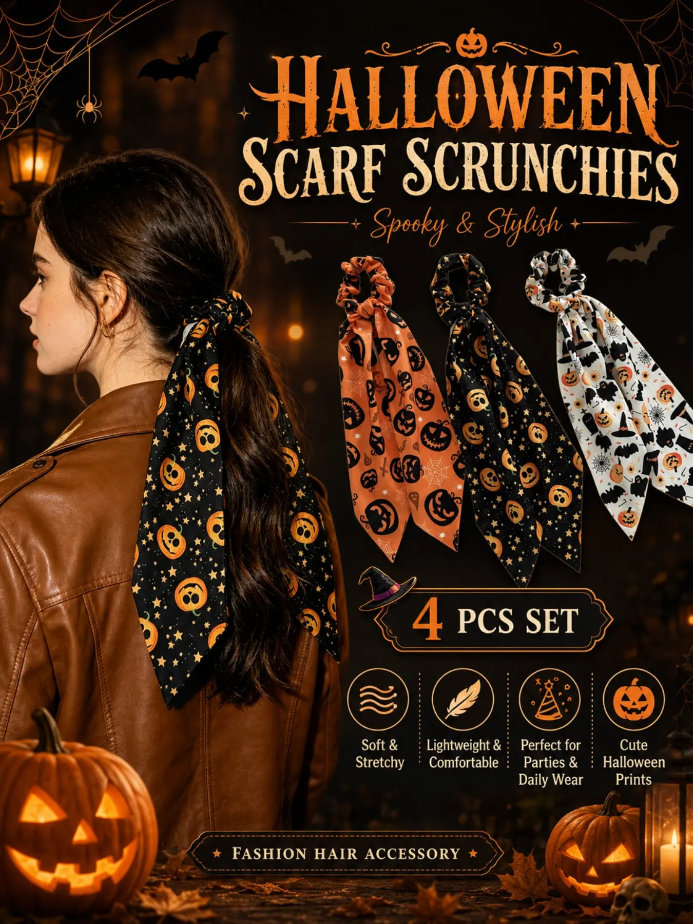 Halloween Pumpkin Ghost Ribbon Hair Ties, Sweet Cool Funny High Elastic Hair Bands, School Season Halloween Gifts, Girl Hair Accessories, Elastic Band Scrunchies