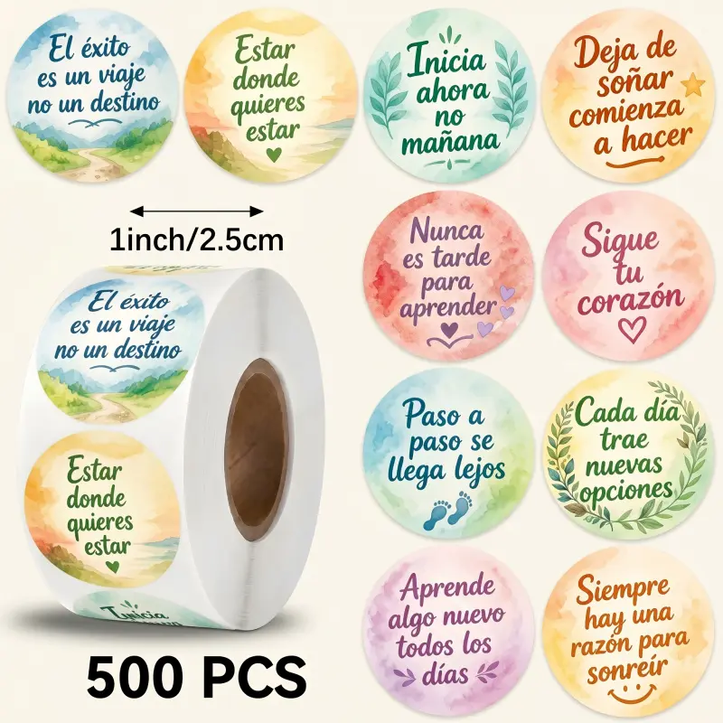 500pcs 1Inch Spanish Inspirational Stickers Roll, Circle Stickers, Calcomanias Frases Motivacionales En Espanol, Aesthetic Watercolor Landscape Quote Round Labels Adhesive Stickers for Journaling, Planner, Envelope Sealing