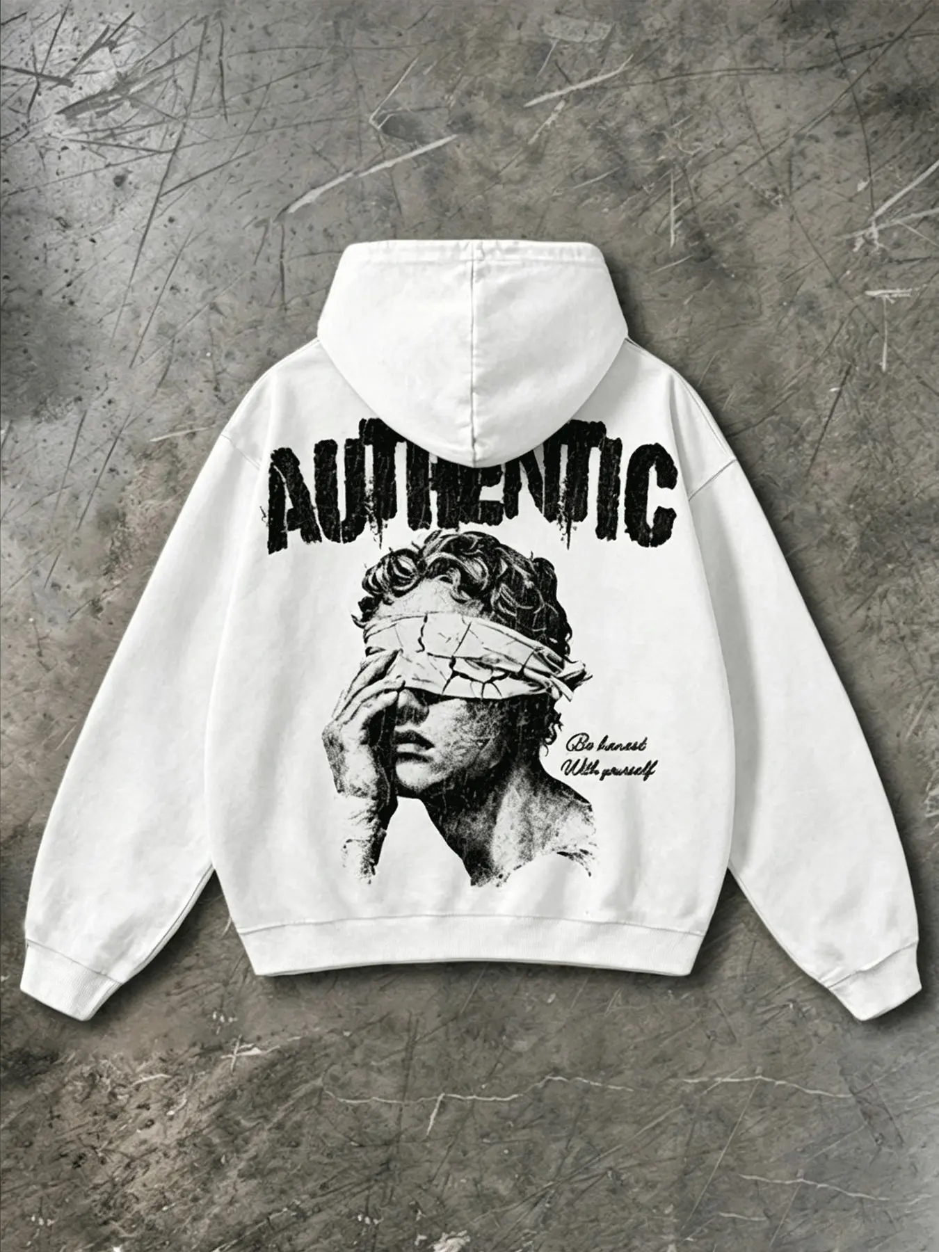 Men's White Oversized Pullover Hoodie, Distressed Cracked "AUTHENTIC" Letter Blindfold Sculpture Statue Portrait Back Print Casual Vintage Grunge Y2K Streetwear Boxy Hooded Sweatshirt with Kangaroo Pocket for Men