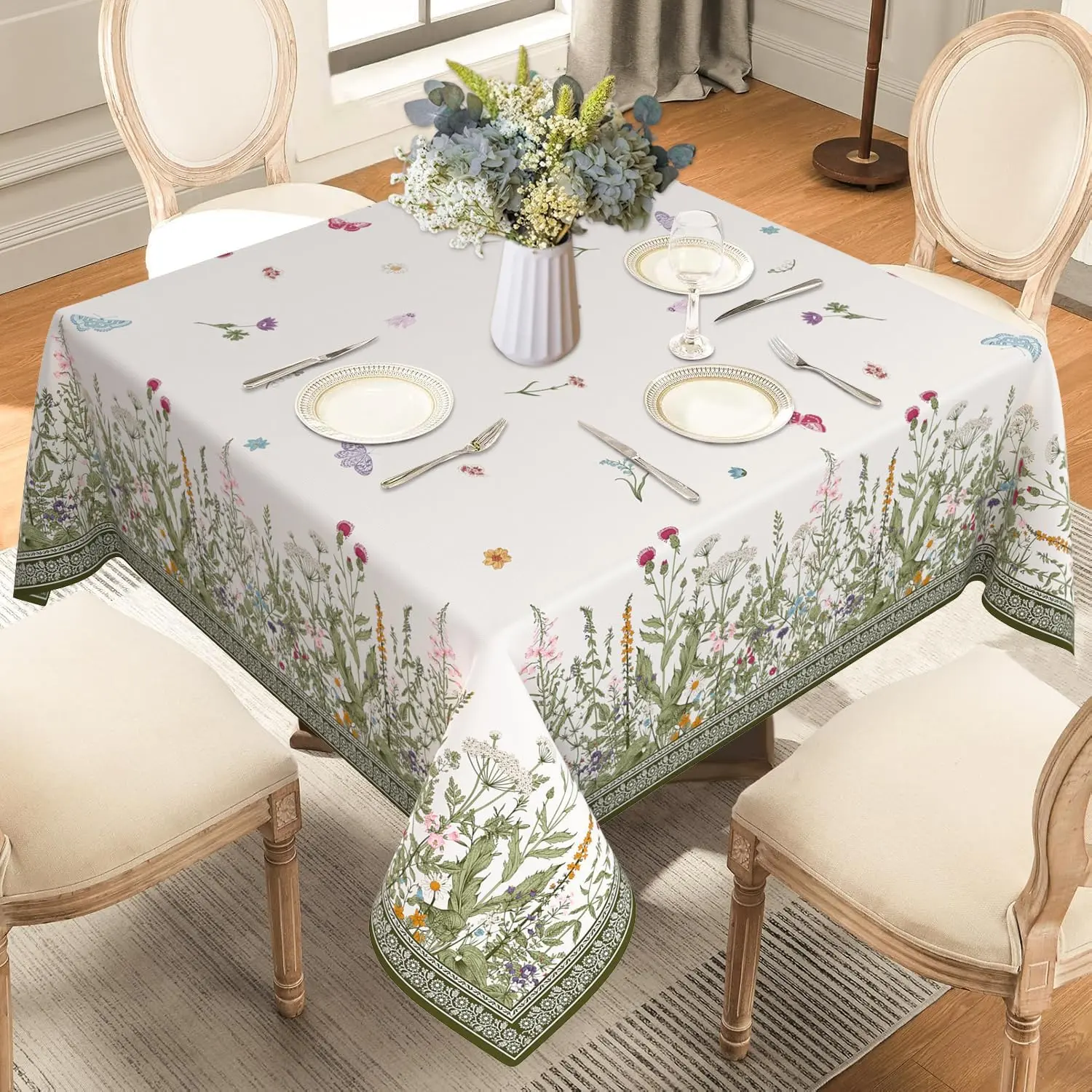 Square Tablecloth 70 x 70 Inch, Stain Resistant Wrinkle Free Card Table Tablecloth Spring Floral Summer Wildflowers Square Table Cloth Cover for Dinner Party Picnic Decor