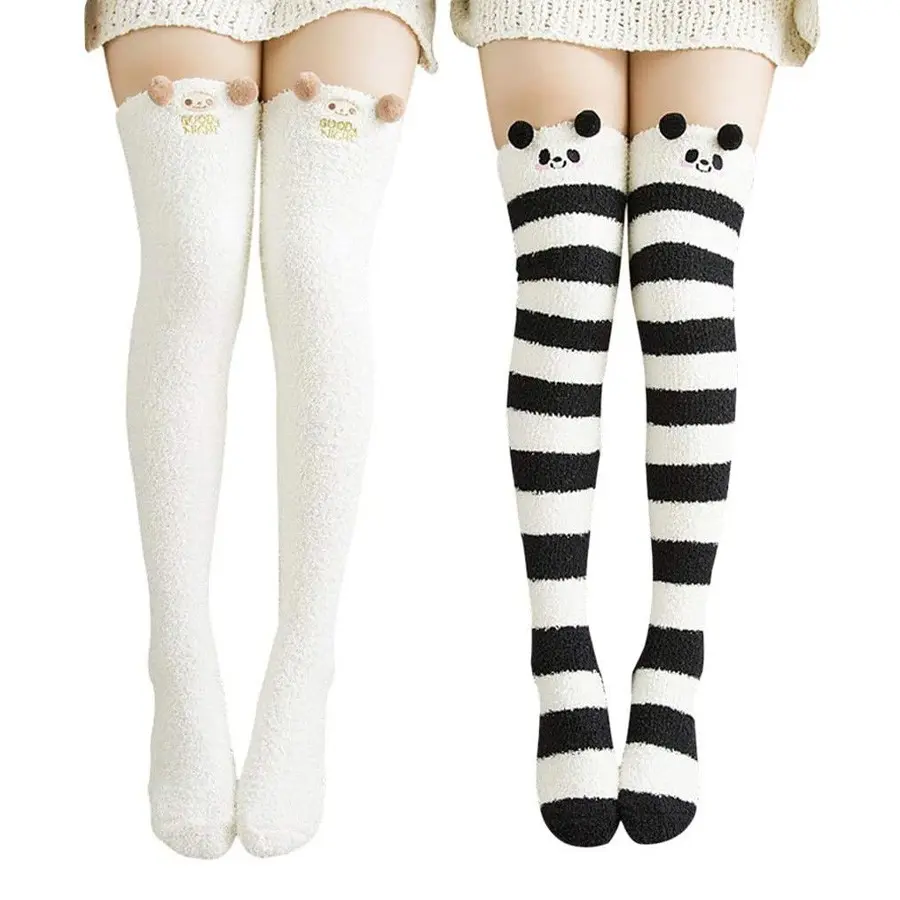 1 Pair Cute Fuzzy Coral Fleece Over The Knee Socks Horizontal Striped Fluffy Thigh High Stockings Super Soft Warm Long Leg Cover Kawaii Foot Hosiery For Women JK Skirt Indoor Daily Winter Outfit