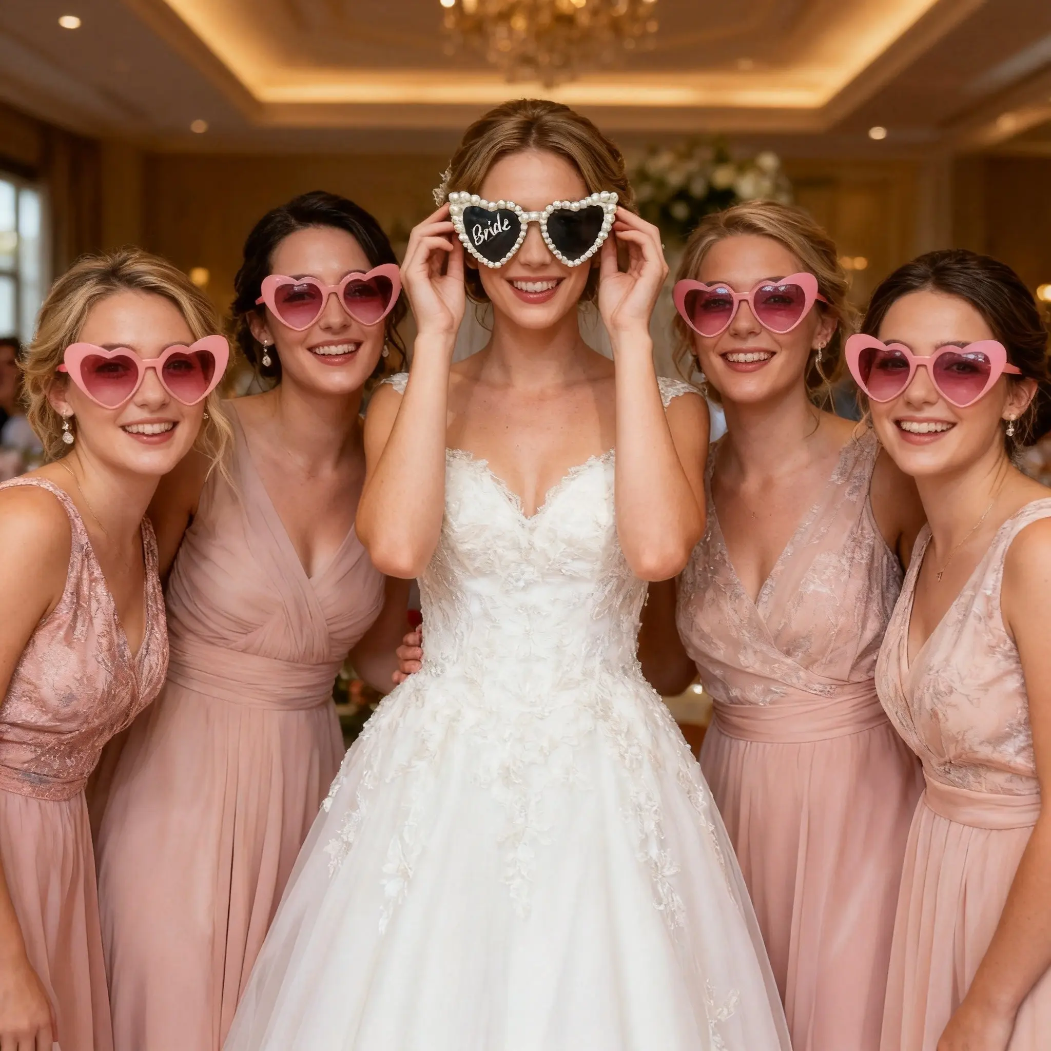Heart-Shaped Glasses Set (1 Bride Pair + 5 Bridesmaid Pairs), Sweet Retro Style, Pearl Decorated Bride Pair, Gradient Bridesmaid Pairs